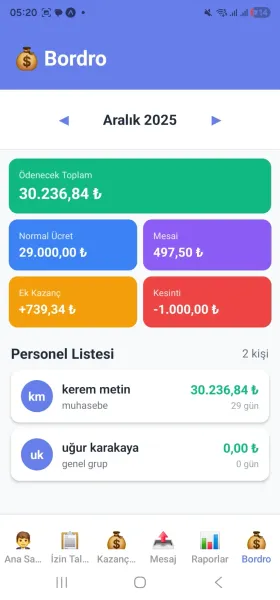 Web PDKS mobil bordro ekrani - aylik maas, mesai, ek kazanc ve kesinti detaylari