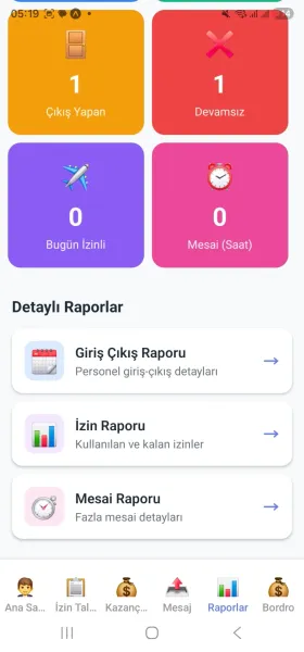 Web PDKS mobil raporlar ekrani - giris cikis raporu, izin raporu ve mesai raporu detaylari